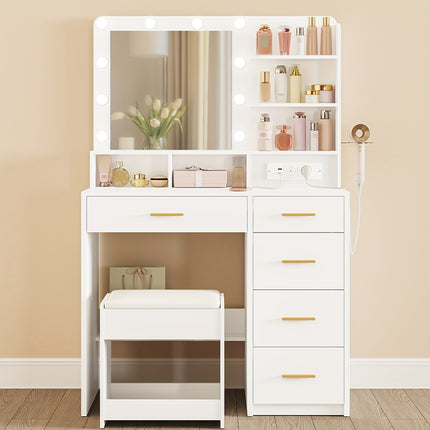 UNICORN Dressing Table with 10 LED Light Balls, 3 Colors Hairdryer Holder White and Black