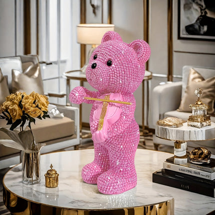 UNICORN Beaded Bear Violinist Statue Resin Music Decoration Pink Golden Silver