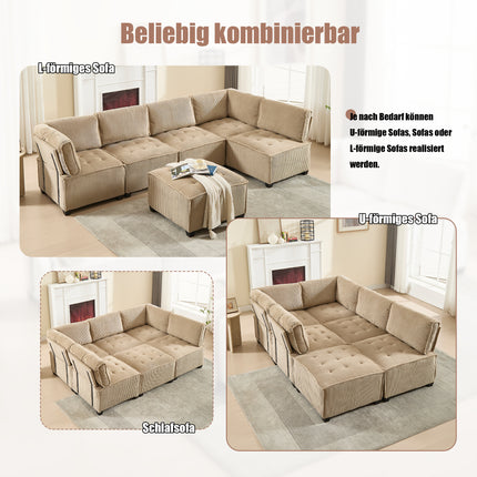 UNICORN Modern Modular 6-Seater Sofa Ergonomic Design with Storage Flexible U-Shaped L-Shaped Sofa Bed Configuration Stable Wooden and Metal Frame Easy Structure Khaki Color