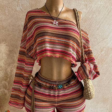 UNICORN Women's Fashion Striped  Shoulder Long-sleeve Top and Shorts Set xs s m l xl