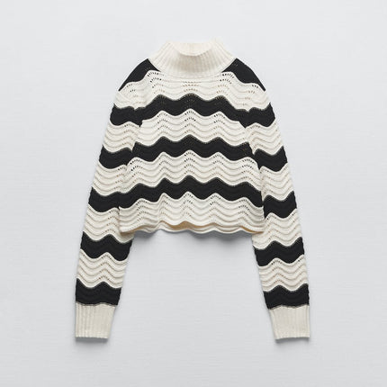 UNICORN women's sweater with stand-up collar sweater hoodie ecru black striped s m l