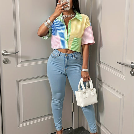 UNICORN Women's Elegant Multi-Color Striped Cropped Shirt with Pockets s m l xl xxl