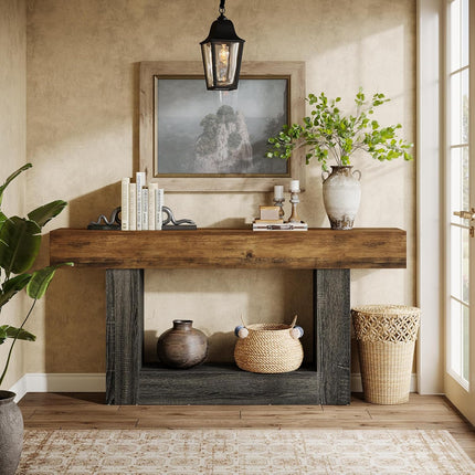 UNICORN 63-Inch Extra Long Farmhouse Console Table - 2-Tier Rustic Brown Wood