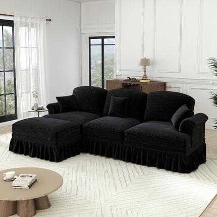 UNICORN Modular Mid-Century L-Shaped 3-Seater Sofa with Chenille Upholstery & Spindle Legs Detachable Apron Panel & Movable Stool Retro Deep Seating Sectional Furniture No Assembly Required Multicolor Op