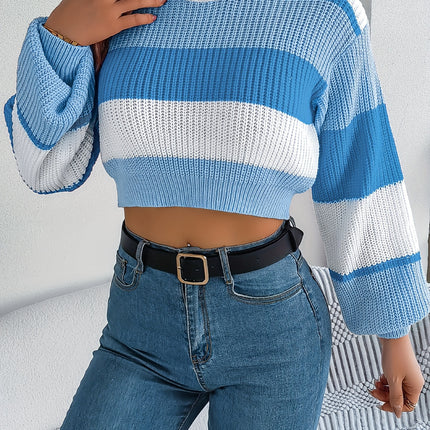 UNICORN Versatile Contrast Stripe Lantern Sleeve Crop Sweater Orange Pink Blue s m l xl