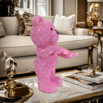 UNICORN Beaded Bear Violinist Statue Resin Music Decoration Pink Golden Silver