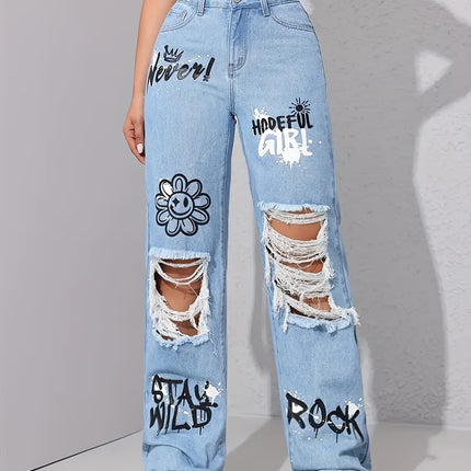 UNICORN Pattern Graffiti Print Washed Ripped High-Waisted Straight Leg Jeans xs s m l xl