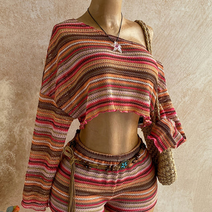 UNICORN Women's Fashion Striped  Shoulder Long-sleeve Top and Shorts Set xs s m l xl