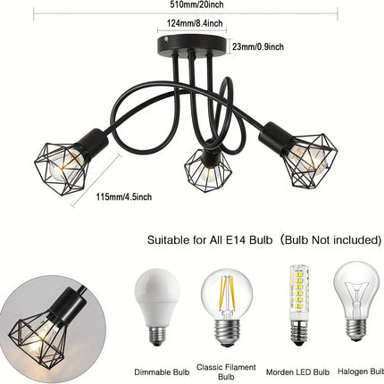 UNICORN Industrial 3 Way Ceiling Black Metal Cage 3 Lights Suitable for Bedroom