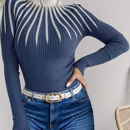 UNICORN Women's Color Block Ribbed Elegant Long Sleeve Pullover s m l xl xxl
