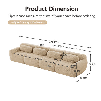 UNICORN 4-Seater Sofa, Premium Plush Fabric, Khaki