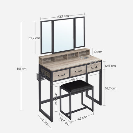 UNICORN Dressing Table with Triple Mirror, 3 Drawers, Hairdryer Holder,Brown Black, White