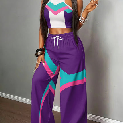 UNICORN Women'S Purple And Cyan Color Block Geometric Print Halter Crop Top s m l xl xxl