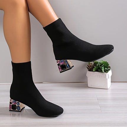 UNICORN Fashion Boots, Single Boots, Chunky Heel Sock Shoes, Knitted Slim Boots