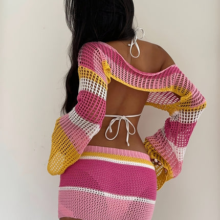 UNICORN Party Dating Rainbow Striped Long Sleeve Hollow Top + Skirt Two-Piece Set s m l