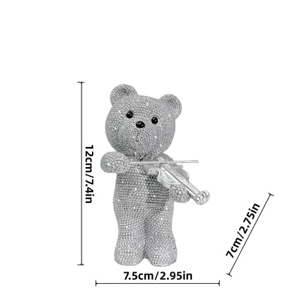 UNICORN Beaded Bear Violinist Statue Resin Music Decoration Pink Golden Silver