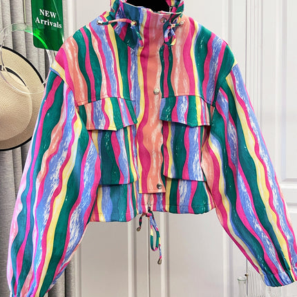 UNICORN Women's Colorful Print Drawstring Pocket Short Jacket Loose Versatile s m l xl