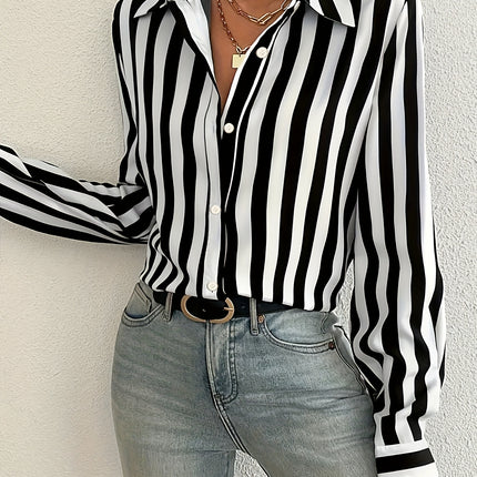 UNICORN Striped Button-Front Shirt, Elegant Long Sleeve Collared Blouse for Women