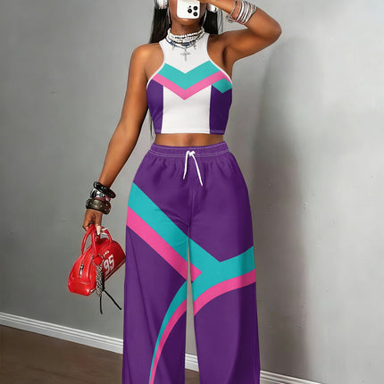 UNICORN Women'S Purple And Cyan Color Block Geometric Print Halter Crop Top s m l xl xxl