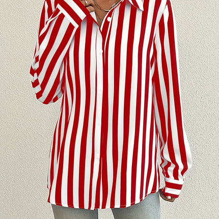 UNICORN Striped Button-Front Shirt, Elegant Long Sleeve Collared Blouse for Women