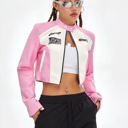 UNICORN Womens Cropped Jacket Letter Print Color-block Design Casual Biker Jacket s m l