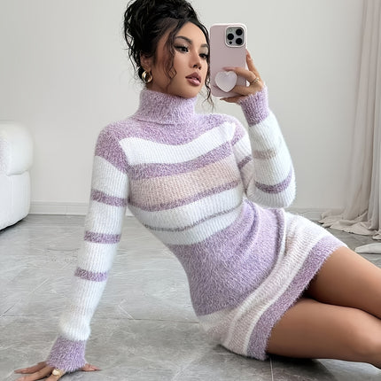 UNICORN Slim-fit Women Dress for Spring Color Block Stripes Purple xs s m l xl