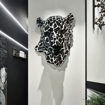 UNICORN Black And White Patterned Leopard Head Wall Sculpture in Art Deco Style