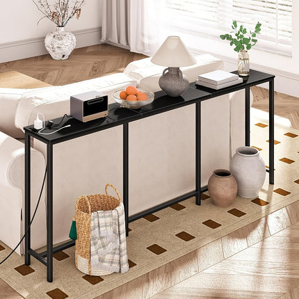 UNICORN Industrial Narrow Console Table with Charging Station & USB Ports Black Brown