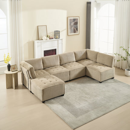 UNICORN Modern Modular 6-Seater Sofa Ergonomic Design with Storage Flexible U-Shaped L-Shaped Sofa Bed Configuration Stable Wooden and Metal Frame Easy Structure Khaki Color