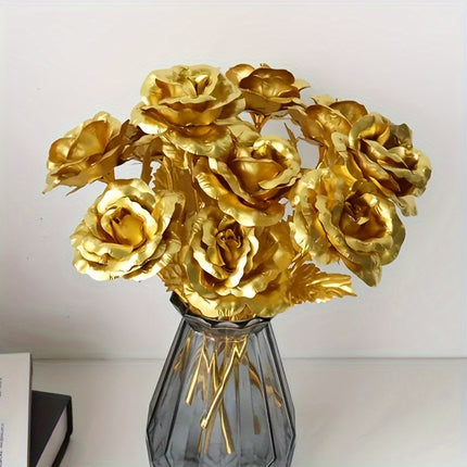 UNICORN 5pcs Realistic Artificial Roses with Shiny Golden Foil Petals & Plastic Stems
