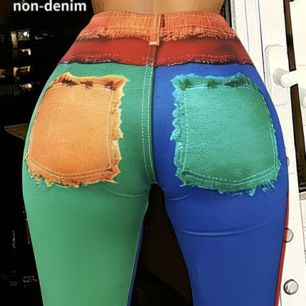 UNICORN Women's Fashion Imitation Denim Color Block Skinny Pants s m l xl