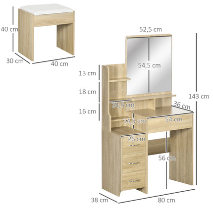 UNICORN Makeup Vanity Set Large Mirror, Padded Stool, Multiple Open shelves Wood