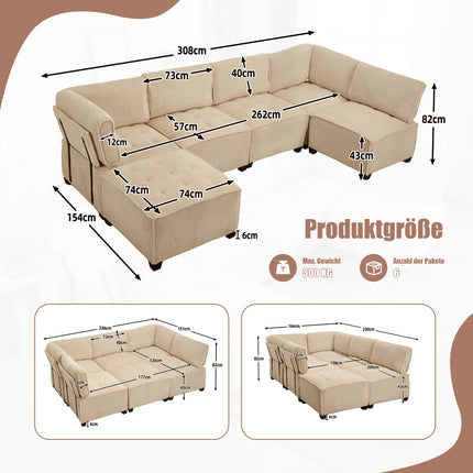 UNICORN Modern Modular 6-Seater Sofa Ergonomic Design with Storage Flexible U-Shaped L-Shaped Sofa Bed Configuration Stable Wooden and Metal Frame Easy Structure Khaki Color