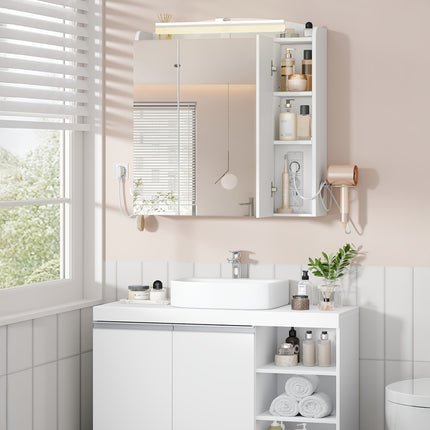 UNICORN Bathroom Mirror Cabinet with Lighting, Hairdryer Holder White