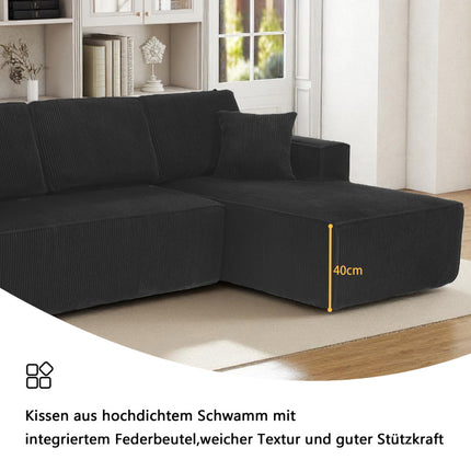 UNICORN Compressed L-Shaped Corduroy Sofa, 2-Seater Sectional + Chaise Lounge Corner