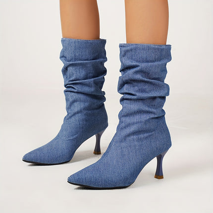 UNICORN Pointed-Toe Crinkled Boots with High Heels and Stiletto Stiletto Heels for Women