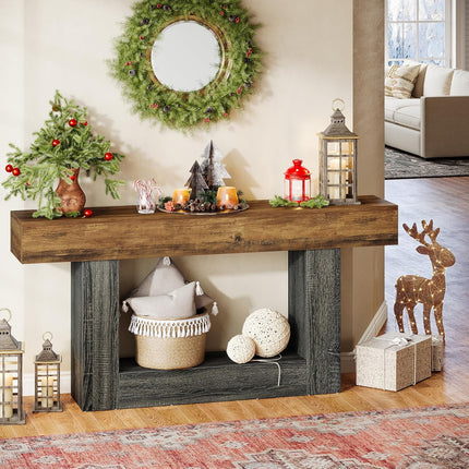 UNICORN 63-Inch Extra Long Farmhouse Console Table - 2-Tier Rustic Brown Wood