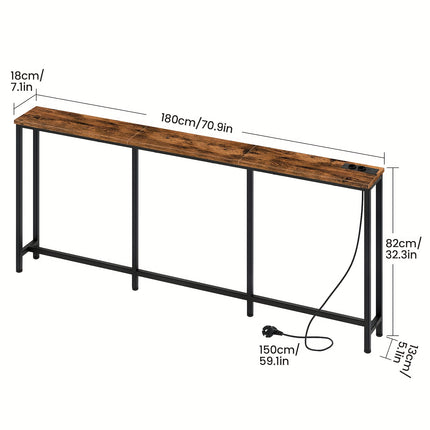 UNICORN Industrial Narrow Console Table with Charging Station & USB Ports Black Brown