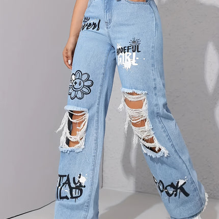 UNICORN Pattern Graffiti Print Washed Ripped High-Waisted Straight Leg Jeans xs s m l xl