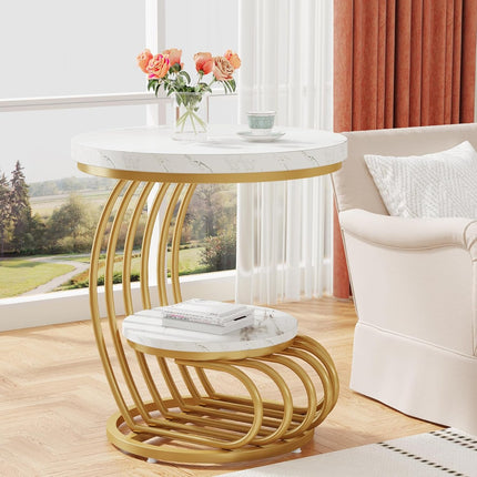 UNICORN Modern Gold Round End Table, White Gold for Living Room