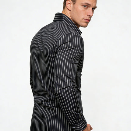 UNICORN Men's Long Sleeve Notch Lapel Button Shirt with Fine White Stripes s m l xl xxl