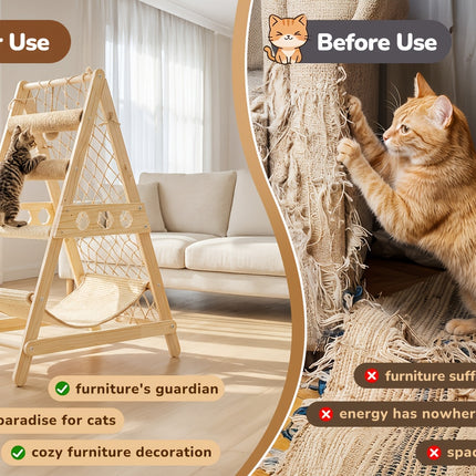 UNICORN Natural Wood Cat Climbing Frame with Climbing Net