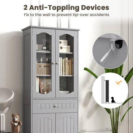 UNICORN Bathroom Storage Cabinet 2 Glass Doors, 2 Adjustable Shelves and 1 Drawer grey