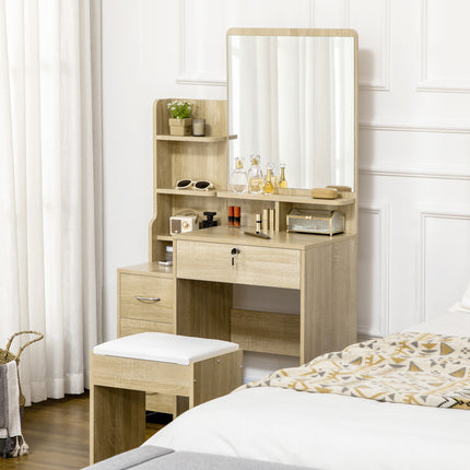 UNICORN Makeup Vanity Set Large Mirror, Padded Stool, Multiple Open shelves Wood