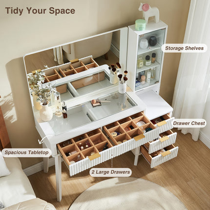 UNICORN 48-Inch Fluted Makeup Vanity Desk Featuring a Large 36-Inch Mirror Table Set White