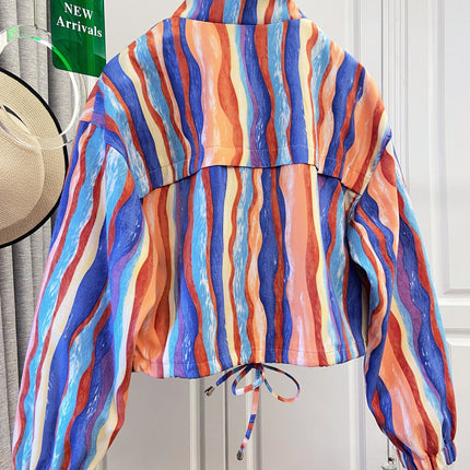 UNICORN Women's Colorful Print Drawstring Pocket Short Jacket Loose Versatile s m l xl