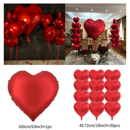 UNICORN 21pcs, 63-Inch Red Foil Balloons with 18-Inch Heart-Shaped Foil Balloons