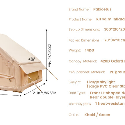UNICORN Inflatable Tent with a Sunroof, Quick Setup Inflatable Tent with Pump Khaki Green