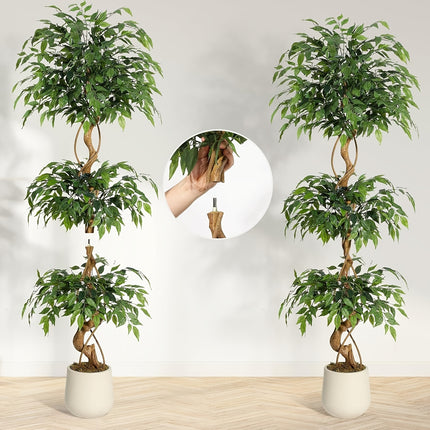 UNICORN Artificial Ficus Tree, Curved Tree Trunk, 180cm Large Artificial Plant with White Pot