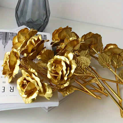 UNICORN 5pcs Realistic Artificial Roses with Shiny Golden Foil Petals & Plastic Stems